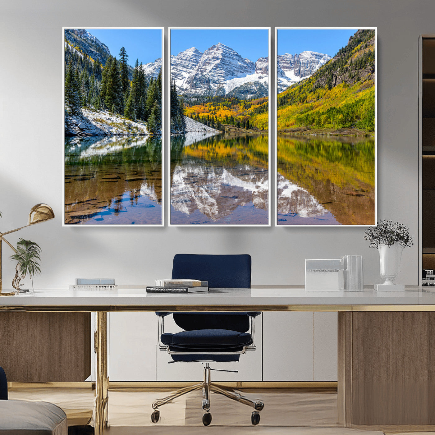 87724099-MGV-CV-36X24-Maroon Bells Wall Art Canvas Print, Framed Snowy Mountains Art Picture Print, Pine Forest Perfect Vibrant Alpine Decor Artwork