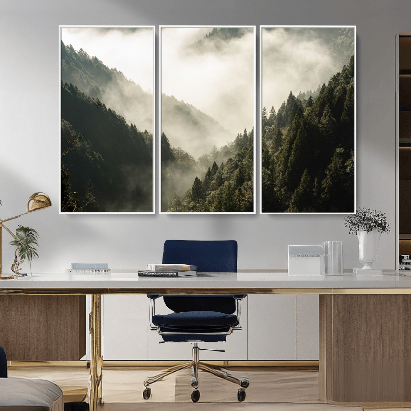 57570237-MGV-CV-36X24-Misty Valley Wall Art Canvas Print, Framed Foggy Forest Art Picture Print, Pine Trees Perfect Moody Woodland Decor Artwork