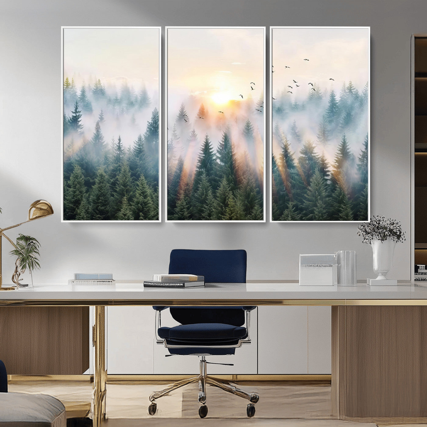 92718976-MGV-FC-48X32-3P_White-Misty Forest Wall Art Canvas Print, Framed Sunrise Pines Art Picture Print, Foggy Woodland Perfect Moody Woodland Decor Artwork