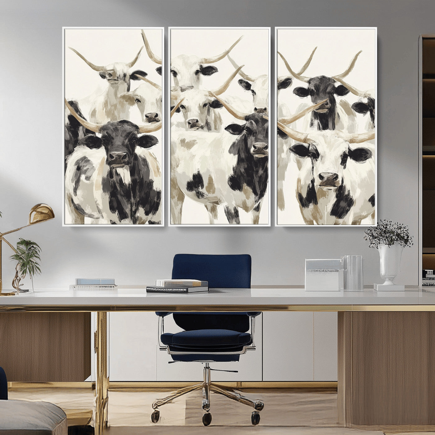 52947970-MGV-CV-36X24-Texas Longhorn Wall Art Canvas Print, Framed Cattle Herd Art Picture Print, Herd Portrait Perfect Modern Farmhouse Decor Artwork