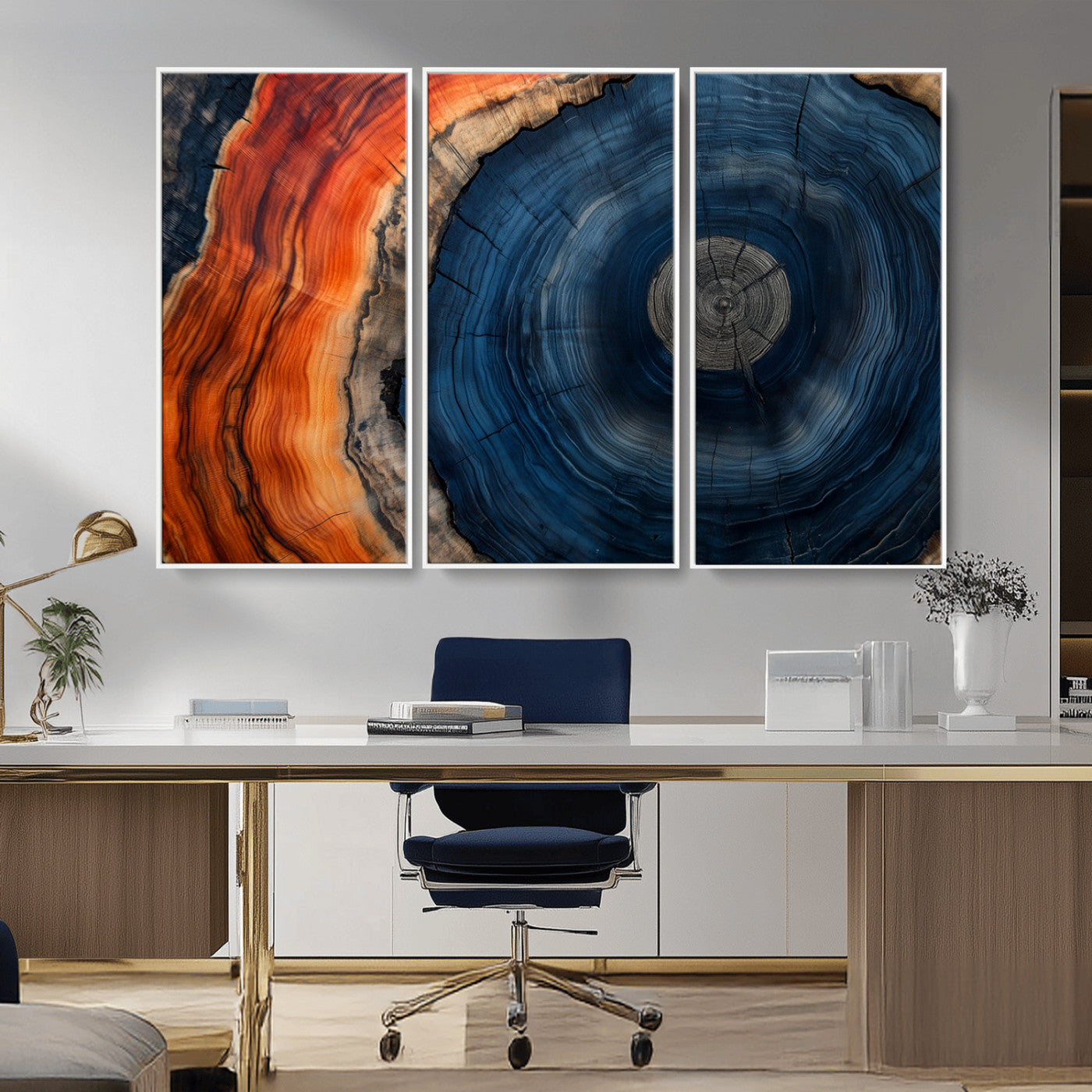 99491700-MGV-CV-36X24-Tree Ring Canvas Wall Art – Blue Orange Abstract Wood Grain Print, Rustic Modern Nature Artwork for Living Room, Office, Bedroom