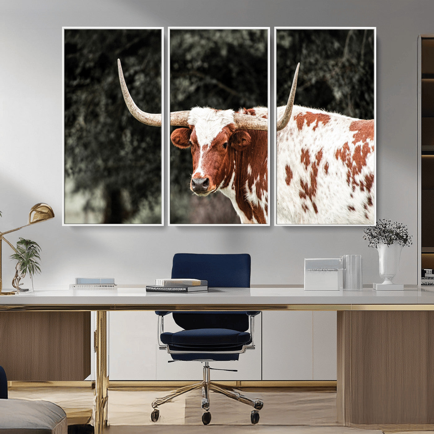 54027638-MGV-FC-48X32-3P_White-Texas Longhorn Wall Art Canvas Print, Framed Spotted Cow Art Picture Print, Horned Bull Perfect Rustic Western Decor Artwork