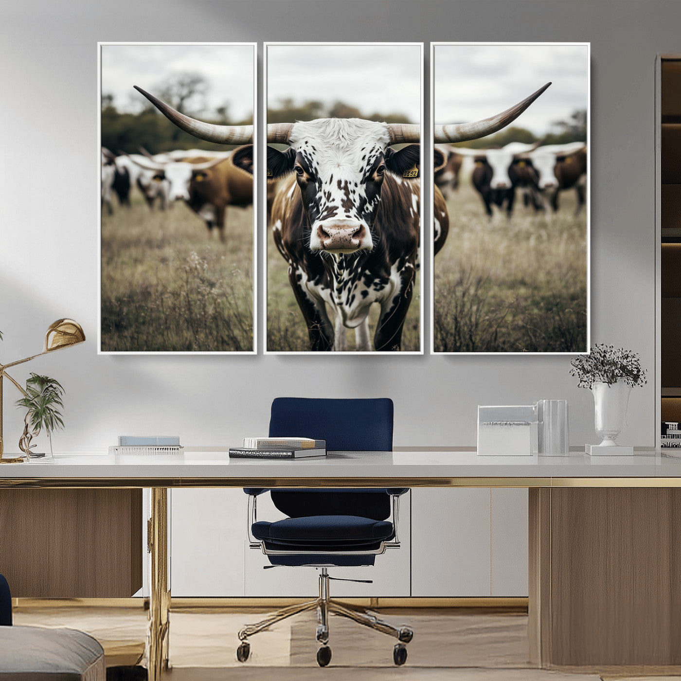79025945-MGV-CV-36X24-Texas Longhorn Wall Art Canvas Print, Framed Speckled Cow Art Picture Print, Horned Cattle Perfect Rustic Western Decor Artwork