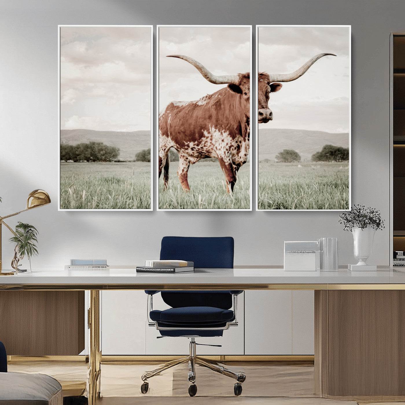 28309012-MGV-FC-48X32-3P_White-Texas Longhorn Wall Art Canvas Print, Framed Spotted Cattle Art Picture Print, Horned Bull Perfect Rustic Western Decor Artwork