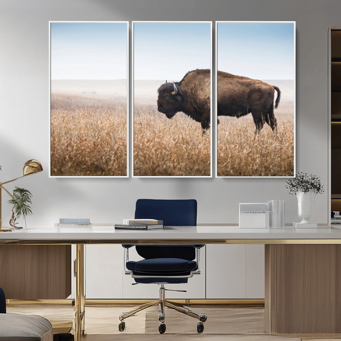 91267849-MGV-CV-36X24-Wild Bison Wall Art Canvas Print, Framed Bison in Prairie Art Picture Print, Rustic Western Perfect Rustic Western Decor Artwork