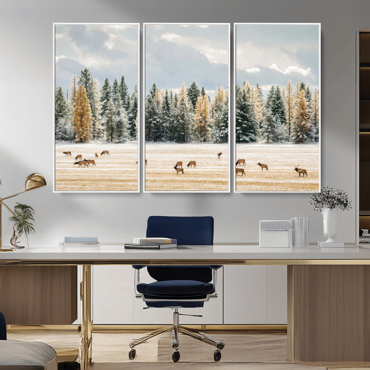 64188182-MGV-FC-48X32-3P_White-Elk Herd Wall Art Canvas Print, Framed Snowy Forest Art Picture Print, Forest Elks Perfect Neutral Rustic Decor Artwork