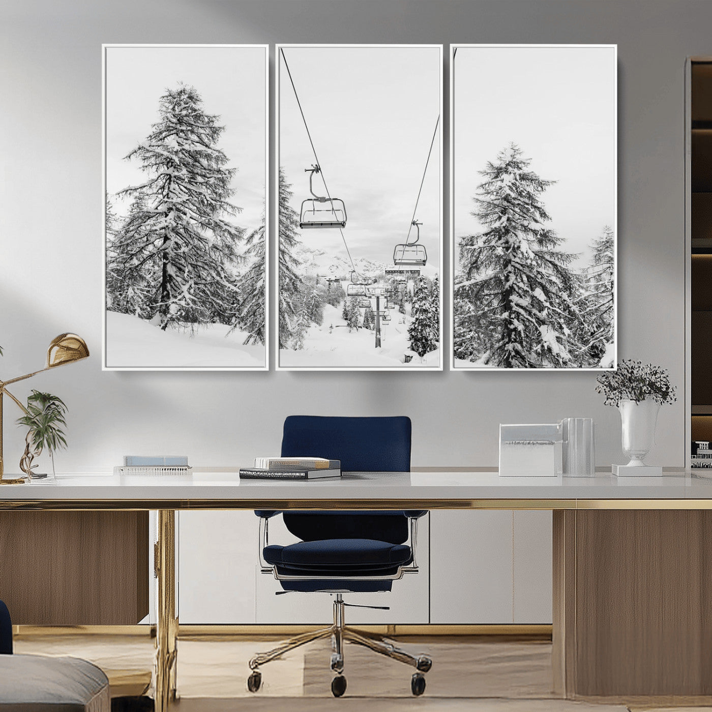 55003599-MGV-FC-48X32-3P_White-Snowy Ski Lift Wall Art Canvas Print, Framed Winter Forest Art Picture Print, Ski lift Ride Perfect Winter Lodge Decor Artwork