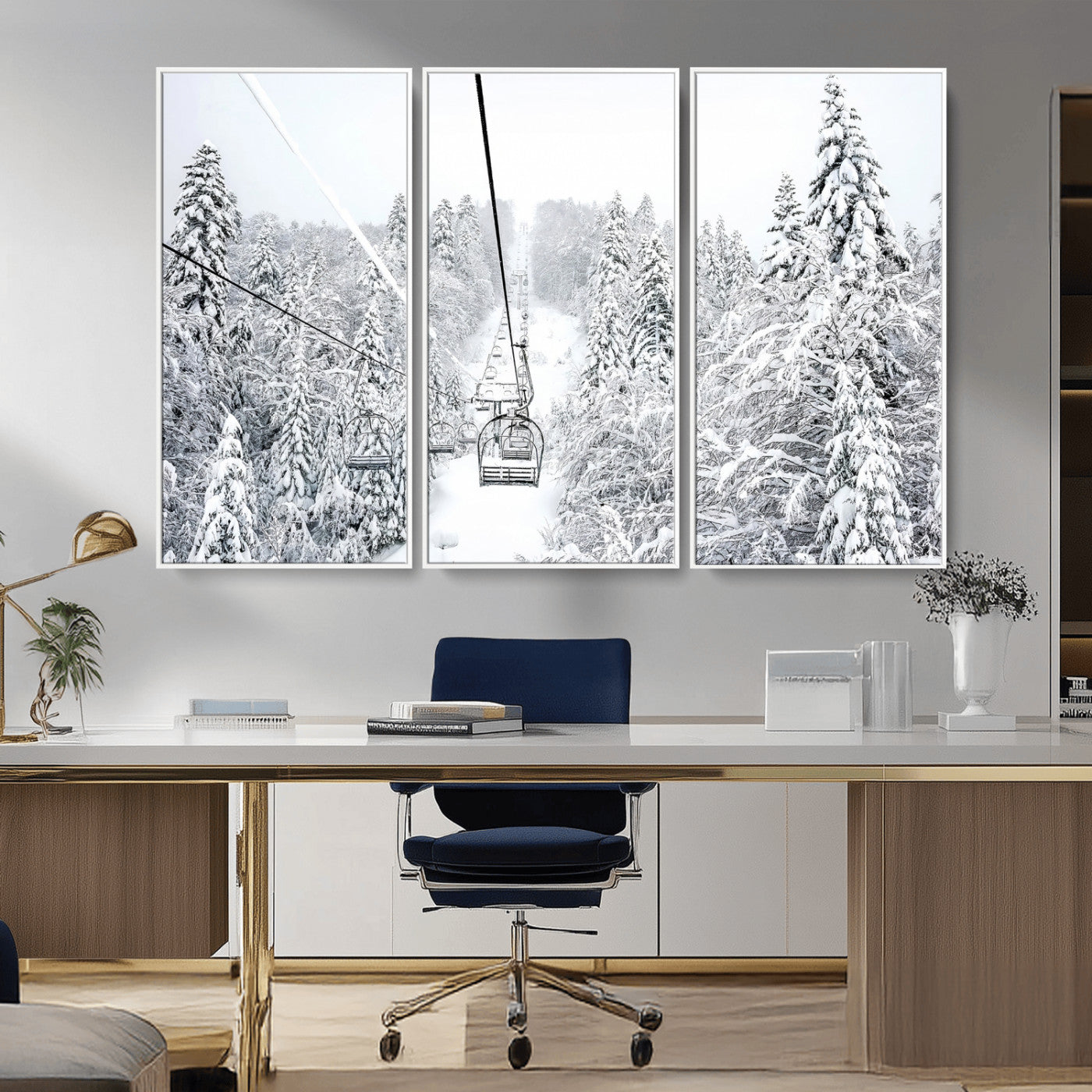 60296839-MGV-CV-36X24-Snowy Mountains Wall Art Canvas Print, Framed Ski Lift Art Picture Print, Winter Forest Perfect Winter Minimalist Decor Artwork