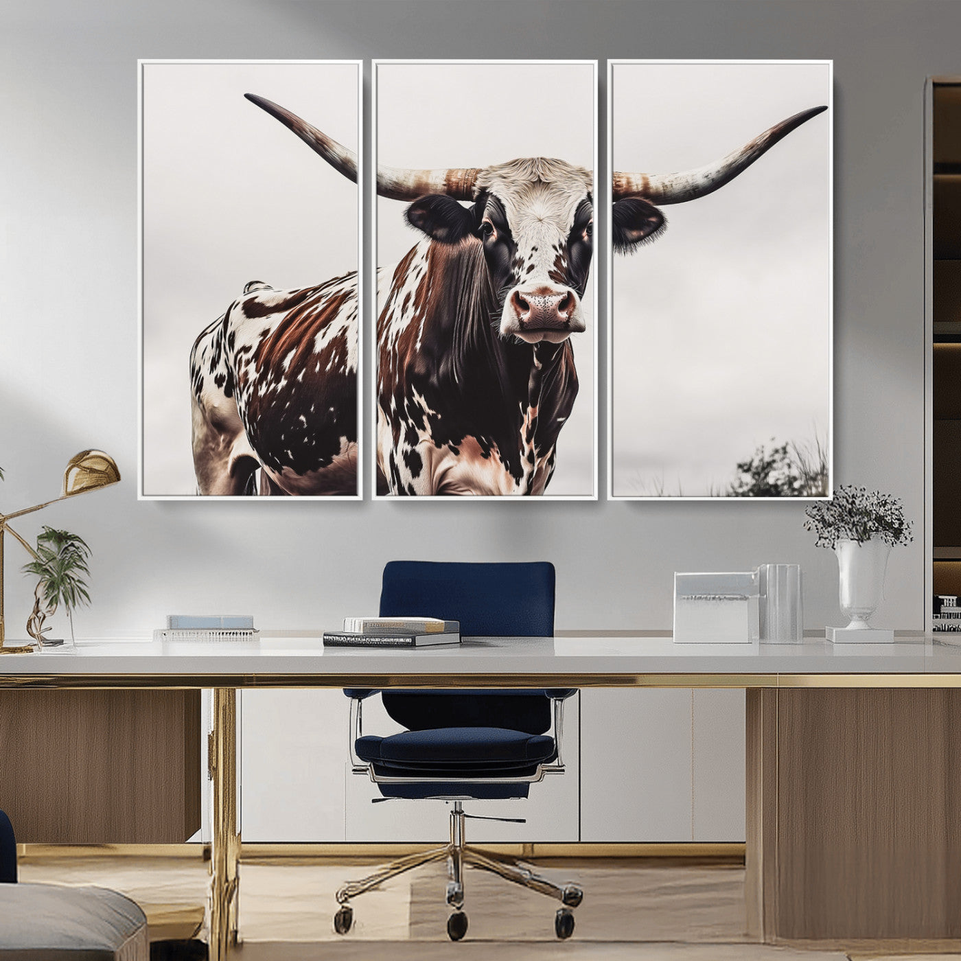 95249234-MGV-CV-36X24-Texas Longhorn Wall Art Canvas Print, Framed Spotted Bull Art Picture Print, Horned Cattle Perfect Rustic Farmhouse Decor Artwork