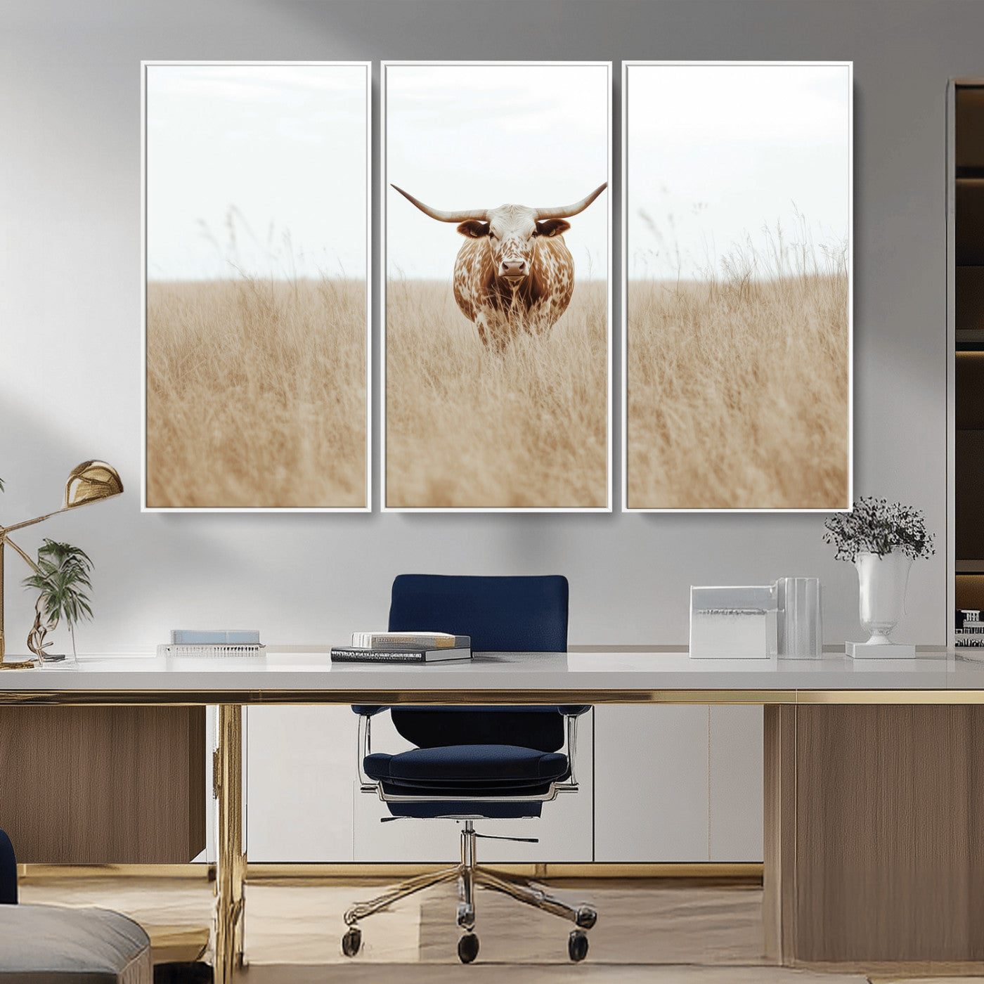 20927060-MGV-CV-36X24-Texas Longhorn Wall Art Canvas Print, Framed Lone Cattle Art Picture Print, Longhorn Bull Perfect Rustic Western Decor Artwork