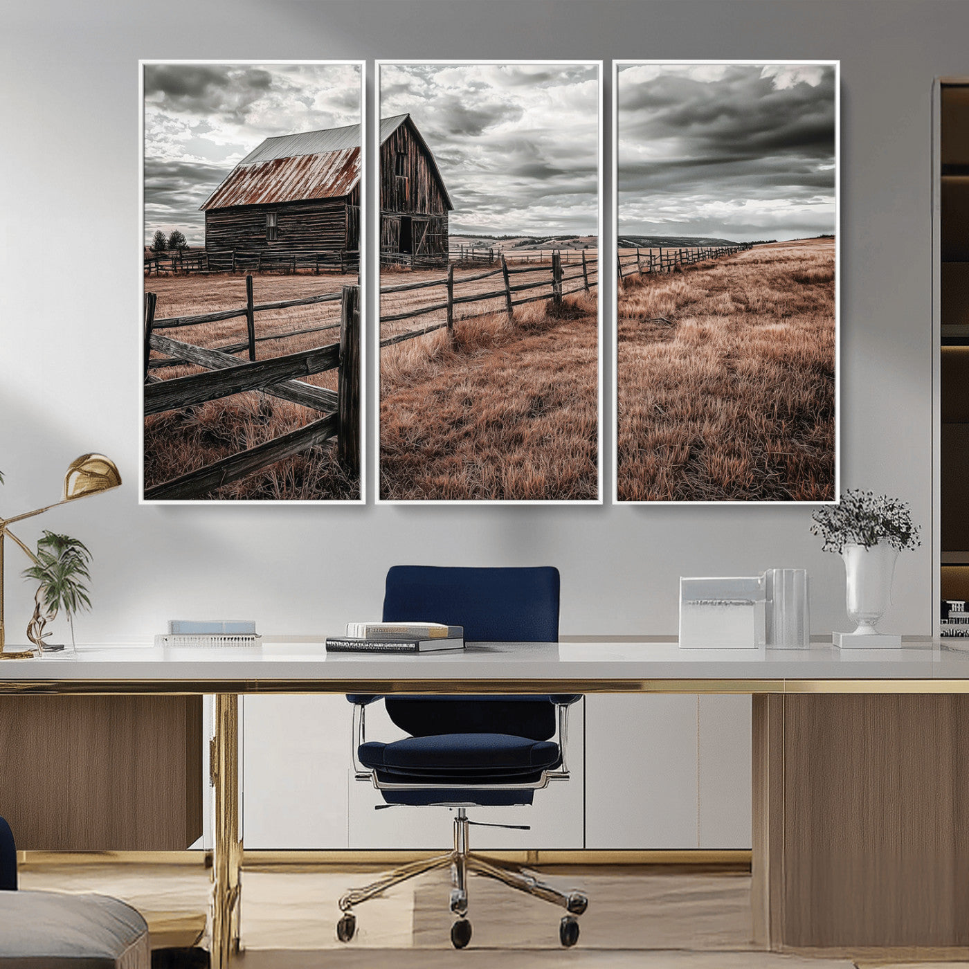 73898372-MGV-CV-36X24-Rustic Barn Wall Art Canvas Print, Framed Moody Field Art Picture Print, Weathered Fence Perfect Moody Farmhouse Decor Artwork