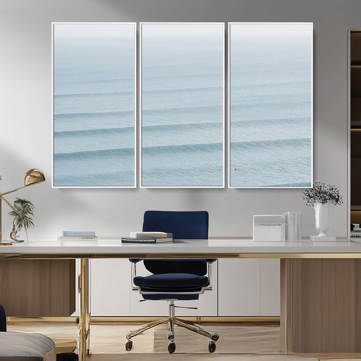 47814787-MGV-CV-36X24-Ocean Waves Wall Art Canvas Print, Framed Solo Surfer Art Picture Print, Wave Lines Perfect Minimalist Ocean Decor Artwork