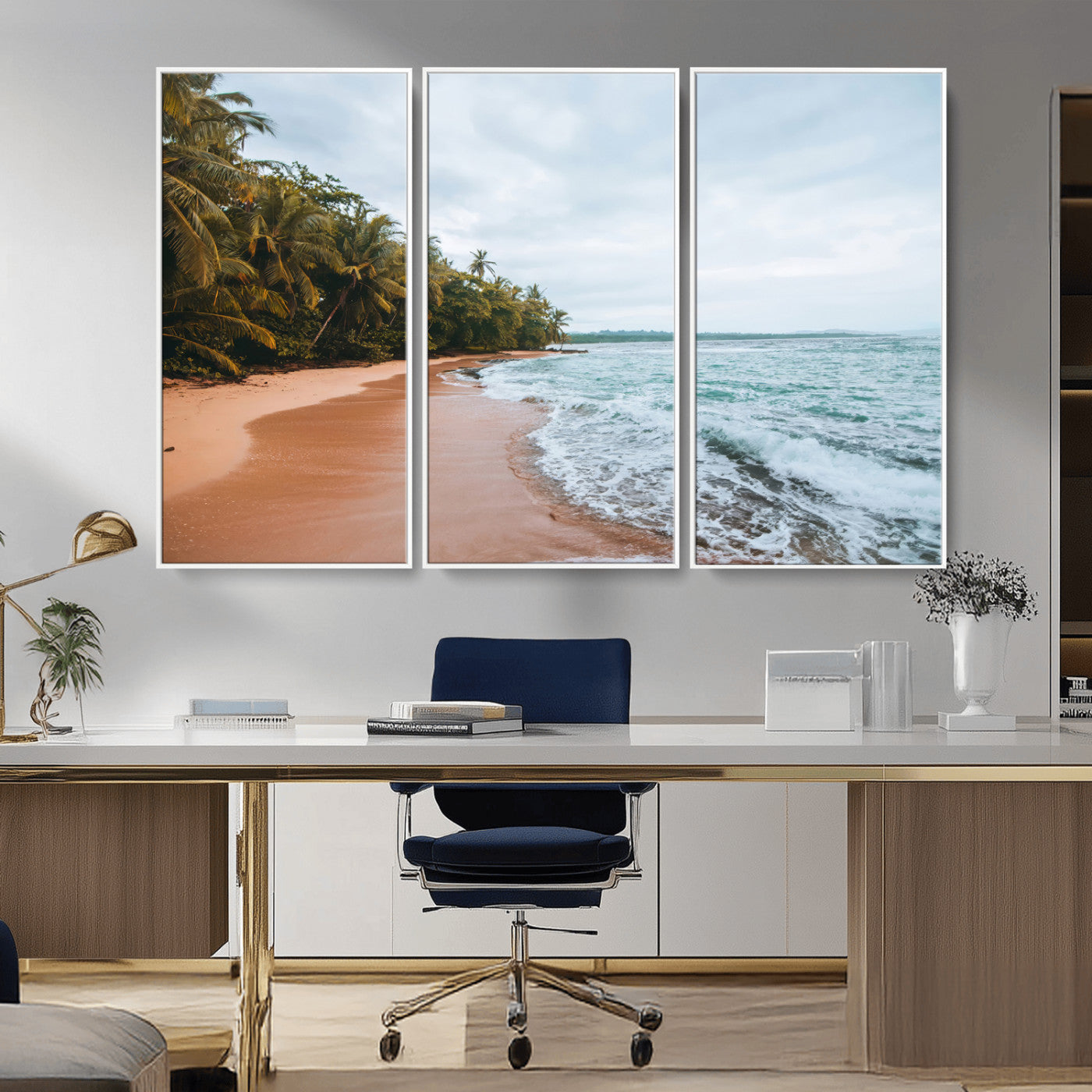 88125882-MGV-CV-36X24-Tropical Shoreline Wall Art Canvas Print, Framed Palm Trees Art Picture Print, Tropical Ocean Perfect Tropical Coastal Decor