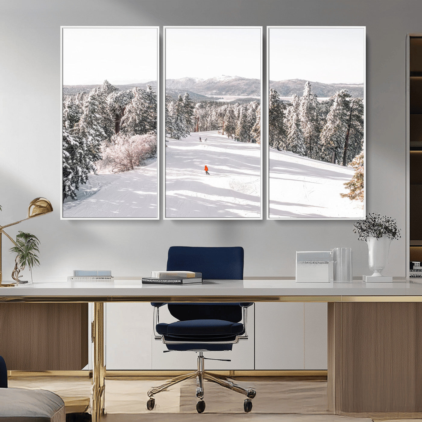 62119206-MGV-FC-48X32-3P_White-Snowy Trail Wall Art Canvas Print, Framed Ski Slope Art Picture Print, Winter Pines Perfect Alpine Adventure Decor Artwork