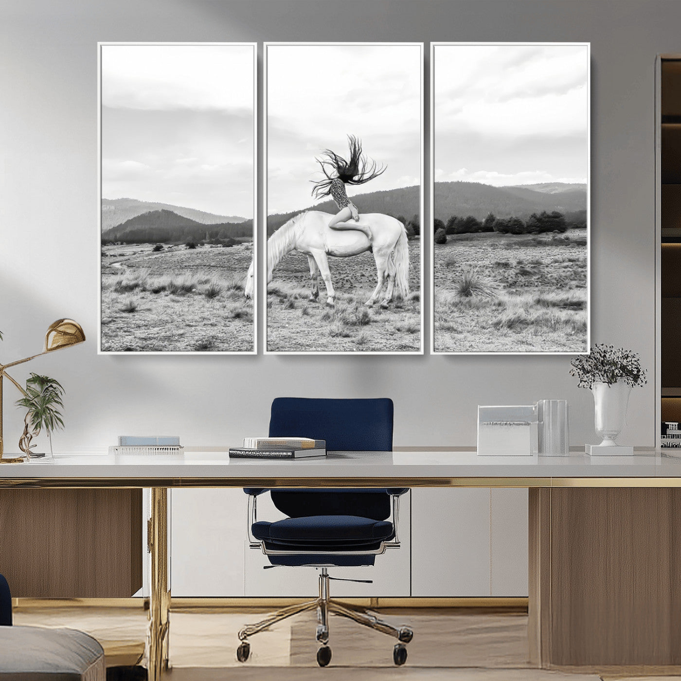 62789800-MGV-CV-36X24-White Horse Wall Art Canvas Print, Framed Woman Rider Art Picture Print, Equestrian Pose Perfect Western Boho Decor Artwork