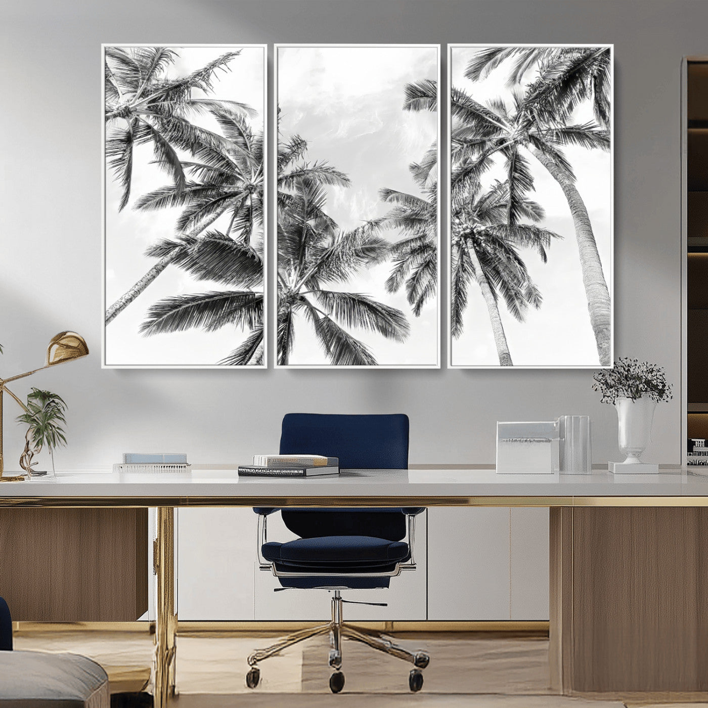 62113786-MGV-CV-36X24-Black White Palm Wall Art Canvas Print, Framed Monochrome Tropics Art Picture Print, Minimalist Beach Perfect Coastal Minimalist