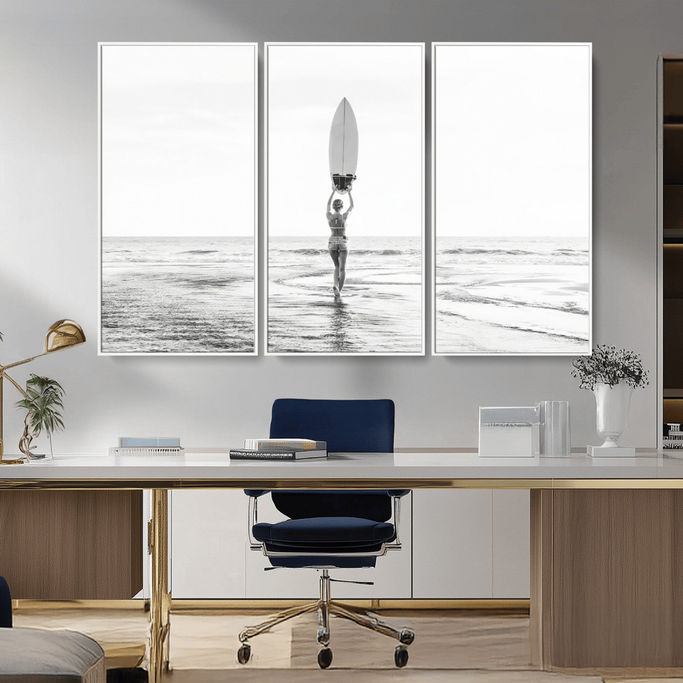 98446901-MGV-CV-36X24-Monochrome Surf Wall Art Canvas Print, Framed Minimalist Surfer Art Picture Print, Surfboard Silhouette Perfect Coastal Minimalist