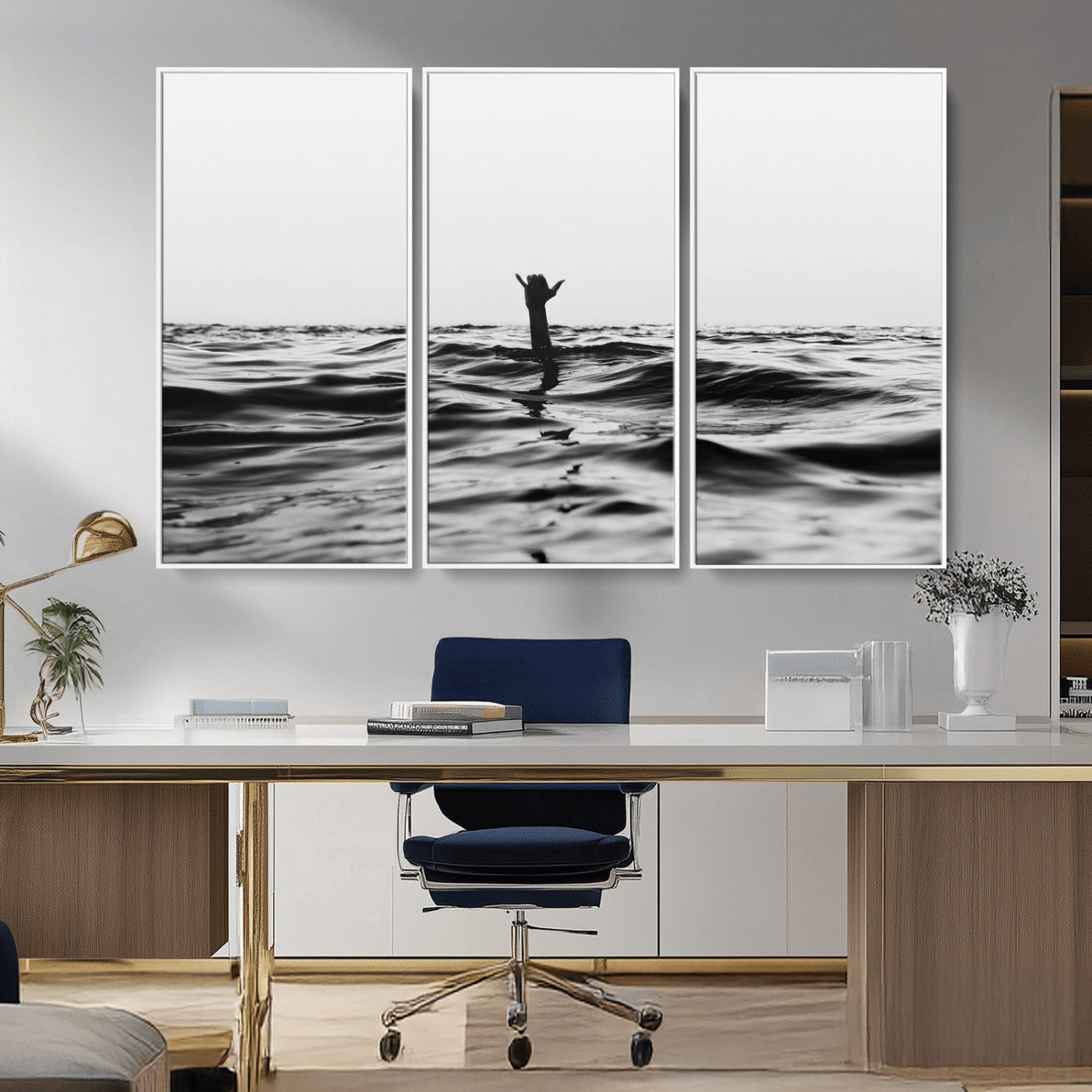 69541918-MGV-CV-36X24-Black White Ocean Wall Art Canvas Print, Framed Moody Seascape Art Picture Print, Surfer Sign Perfect Moody Minimalist Decor