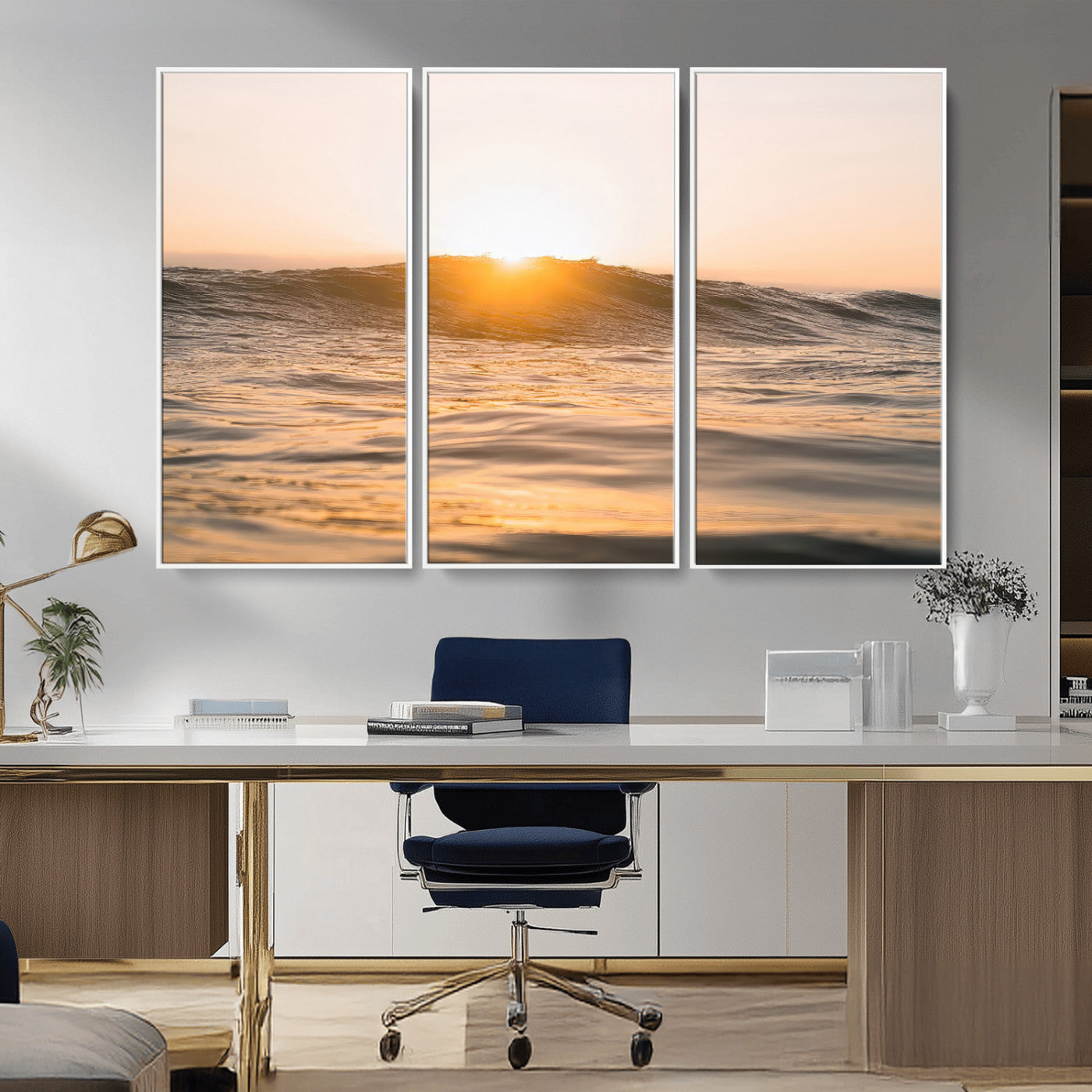 16973771-MGV-CV-36X24-Calm Water Wall Art Canvas Print, Framed Sunset Waves Art Picture Print, Coastal Warmth Perfect Warm Minimalist Decor Artwork