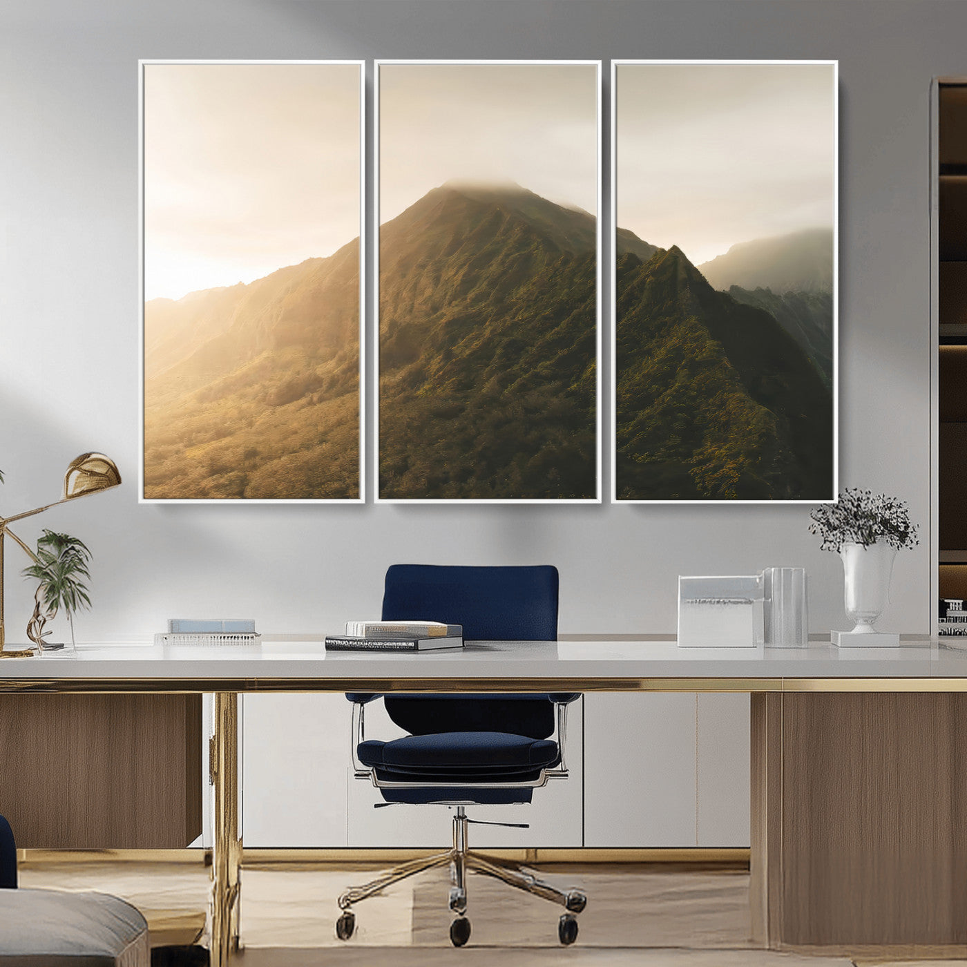 42338636-MGV-CV-36X24-Golden Mountain Wall Art Canvas Print, Framed Misty Summit Art Picture Print, Rugged Landscape Perfect Moody Wilderness Decor