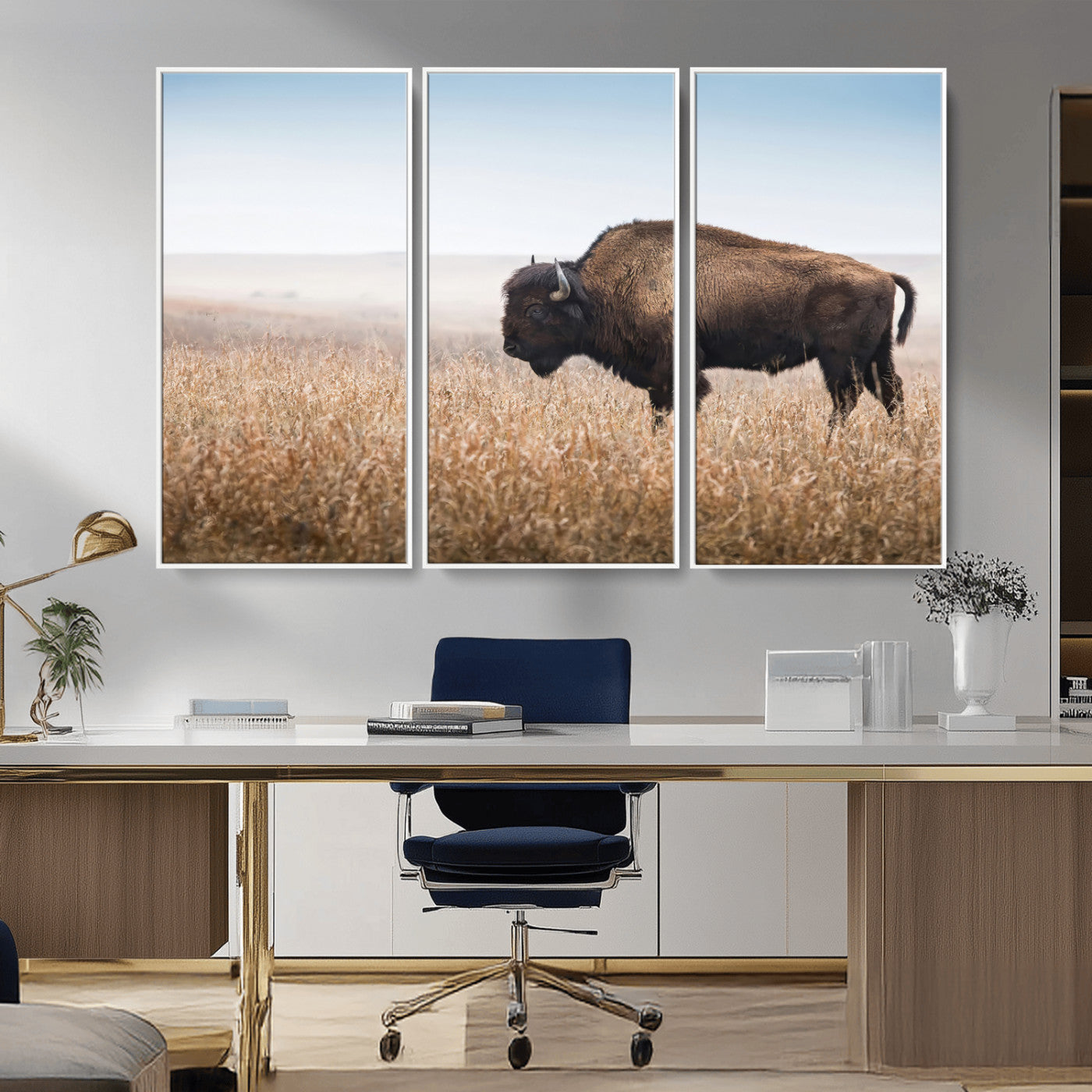 99620201-MGV-CV-36X24-Wild Bison Wall Art Canvas Print, Framed Bison in Prairie Art Picture Print, Rustic Western Perfect Rustic Western Decor Artwork