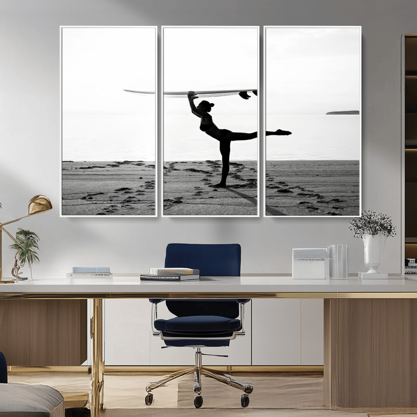 28441356-MGV-CV-36X24-Yoga Surf Wall Art Canvas Print, Framed Black White Shore Art Picture Print, Peaceful Ocean Perfect Minimalist Coastal Decor