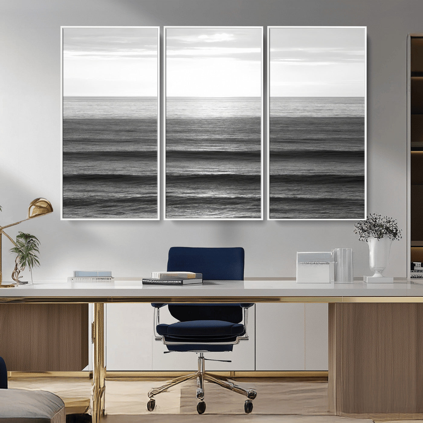 47305203-MGV-FC-48X32-3P_White-Monochrome Ocean Wall Art Canvas Print, Framed Moody Ocean Art Picture Print, Calm Ocean Perfect Minimalist Coastal Decor Artwork