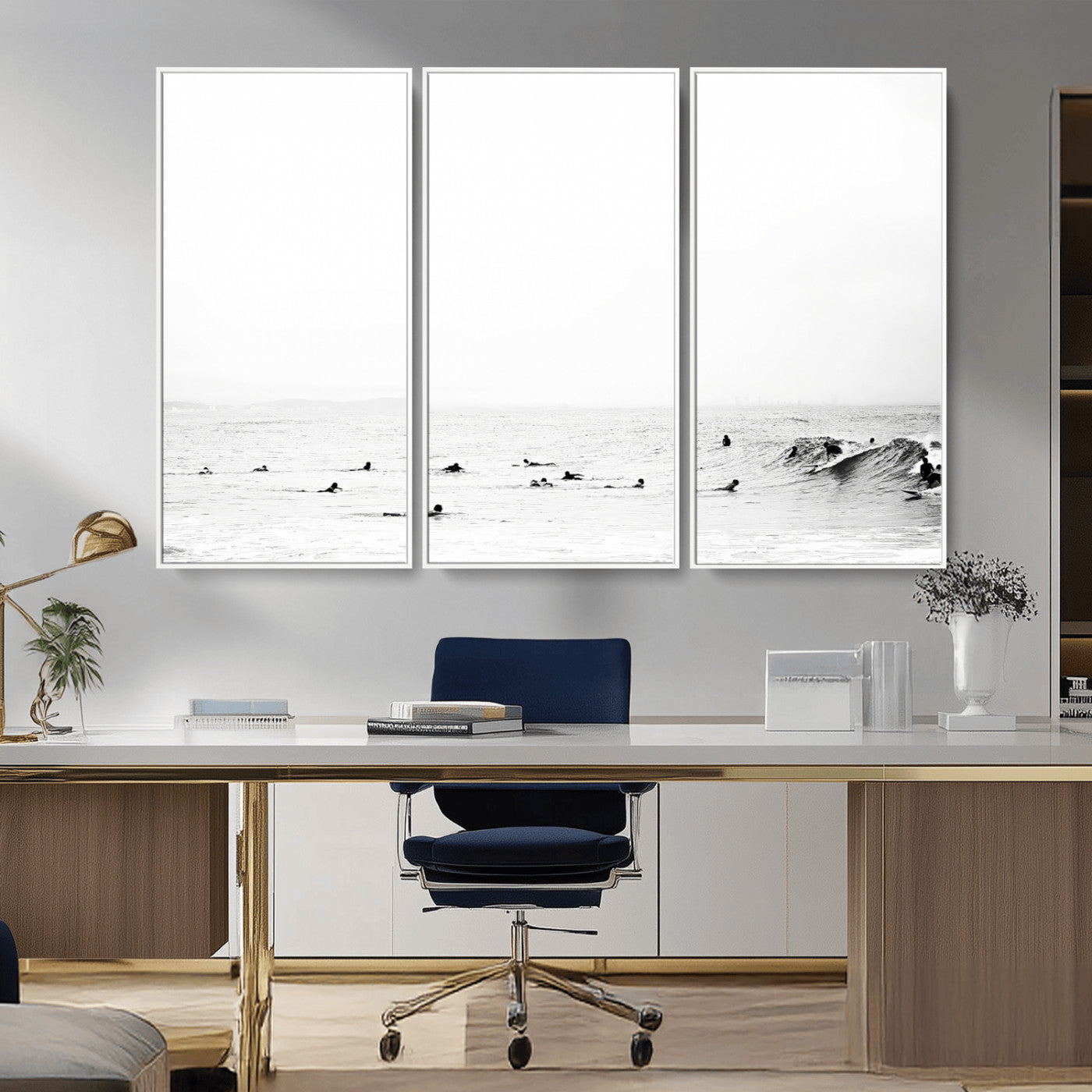 38441169-MGV-CV-36X24-Monochrome Swimming Wall Art Canvas Print, Framed Ocean Horizon Art Picture Print, Moody Coastal Perfect Minimalist Coastal Decor