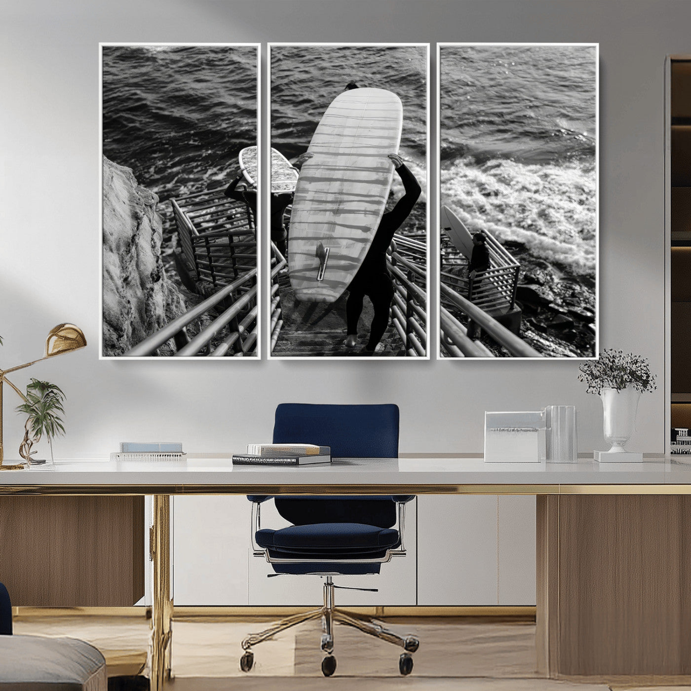 32353707-MGV-CV-36X24-Black White Surfing Wall Art Canvas Print, Framed Coastal Surfing Art Picture Print, Wave Riders Perfect Coastal Adventure Decor