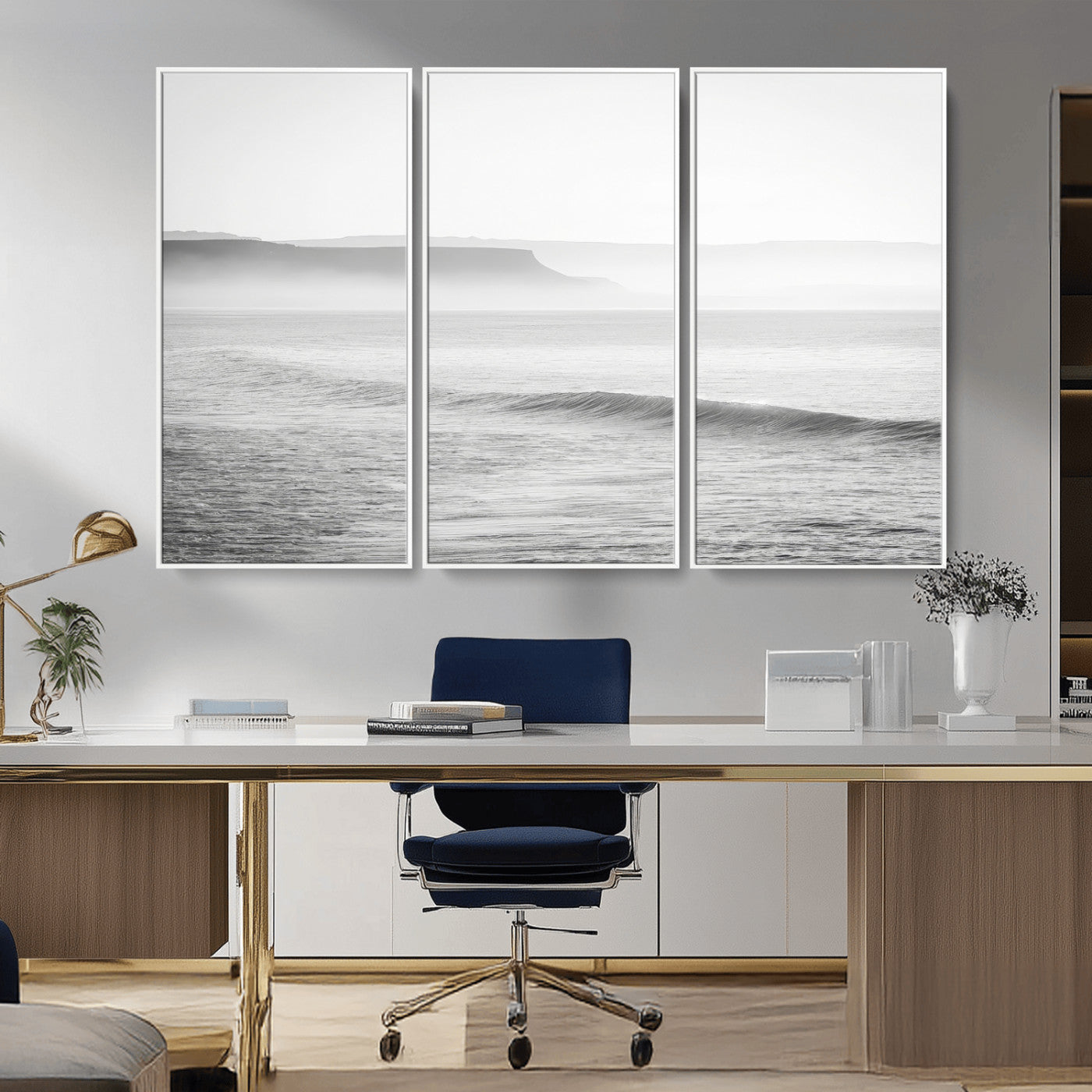 60635783-MGV-CV-36X24-Black White Seascape Wall Art Canvas Print, Framed Ocean Waves Art Picture Print, Misty Coastal Perfect Minimalist Coastal Decor