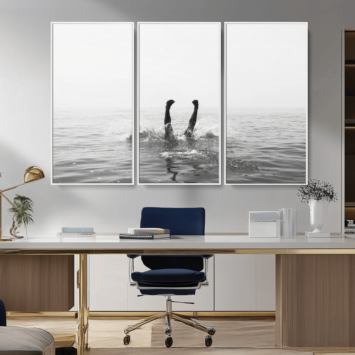 26667396-MGV-FC-48X32-3P_White-Black White Ocean Wall Art Canvas Print, Framed Monochrome Water Art Picture Print, Diving into Water Perfect Minimalist Aquatic