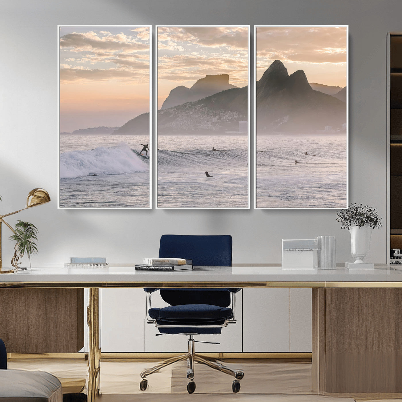 70644906-MGV-CV-36X24-Sunset Surfing Wall Art Canvas Print, Framed Misty Mountains Art Picture Print, Surfer Riding Wave Perfect Coastal Adventure Decor