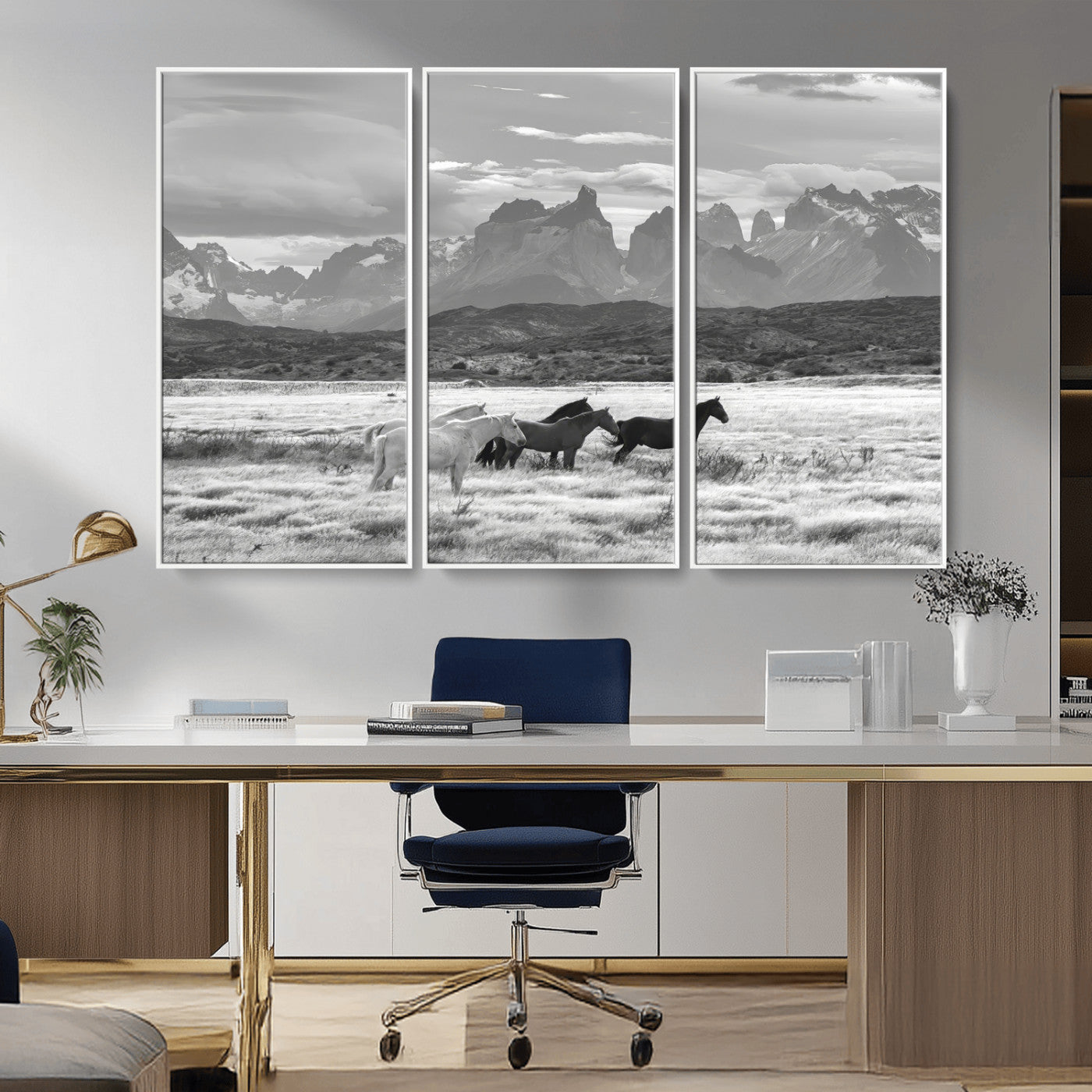 21655040-MGV-CV-36X24-Wild Horses Wall Art Canvas Print, Framed Black White Mountains Art Picture Print, Rustic Countryside Perfect Rustic Western Decor