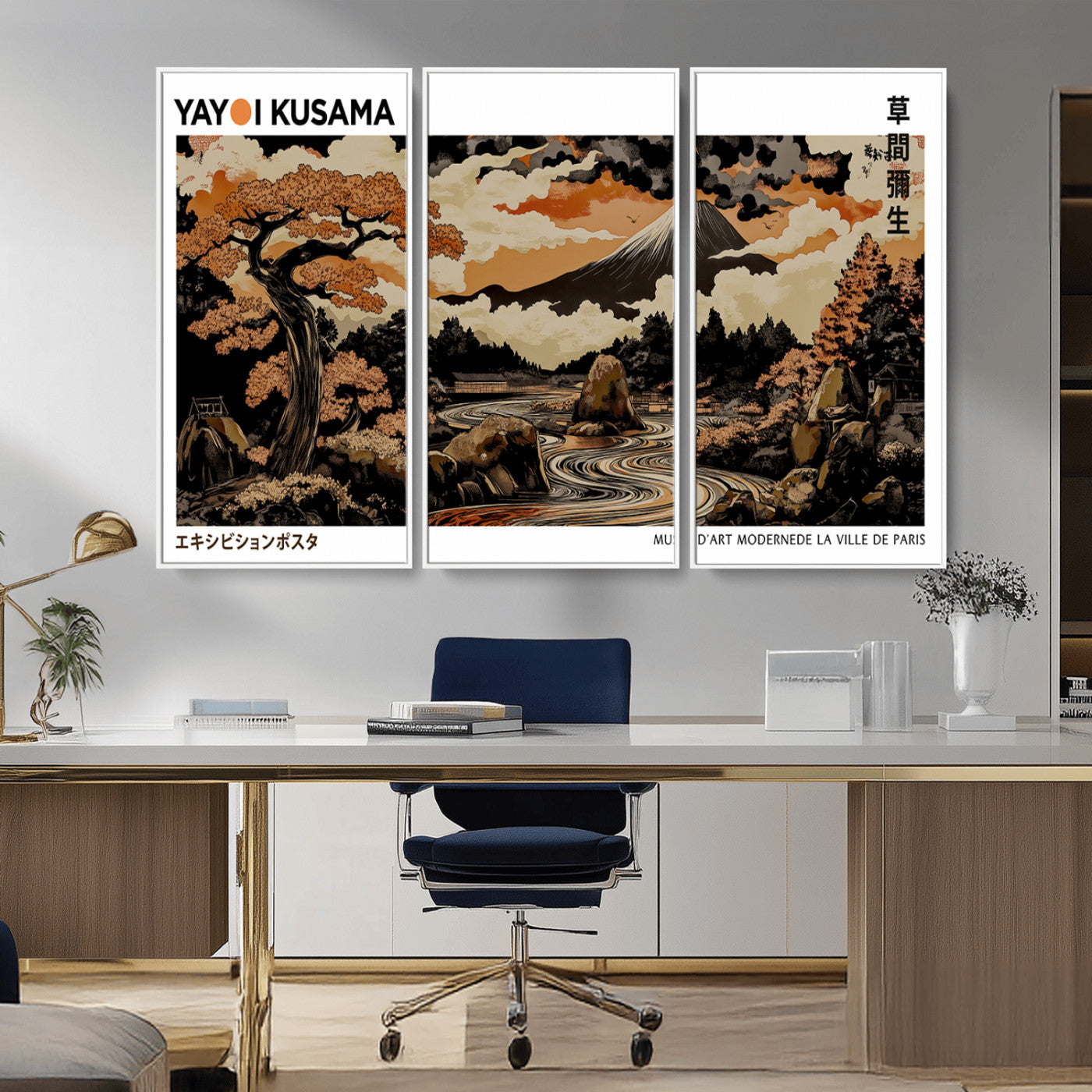 96372548-MGV-CV-36X24-Japanese Landscape Wall Art Print – Mt. Fuji Poster with Bonsai Tree & River, Ukiyo-e Inspired Modern Japanese Artwork, Autumn