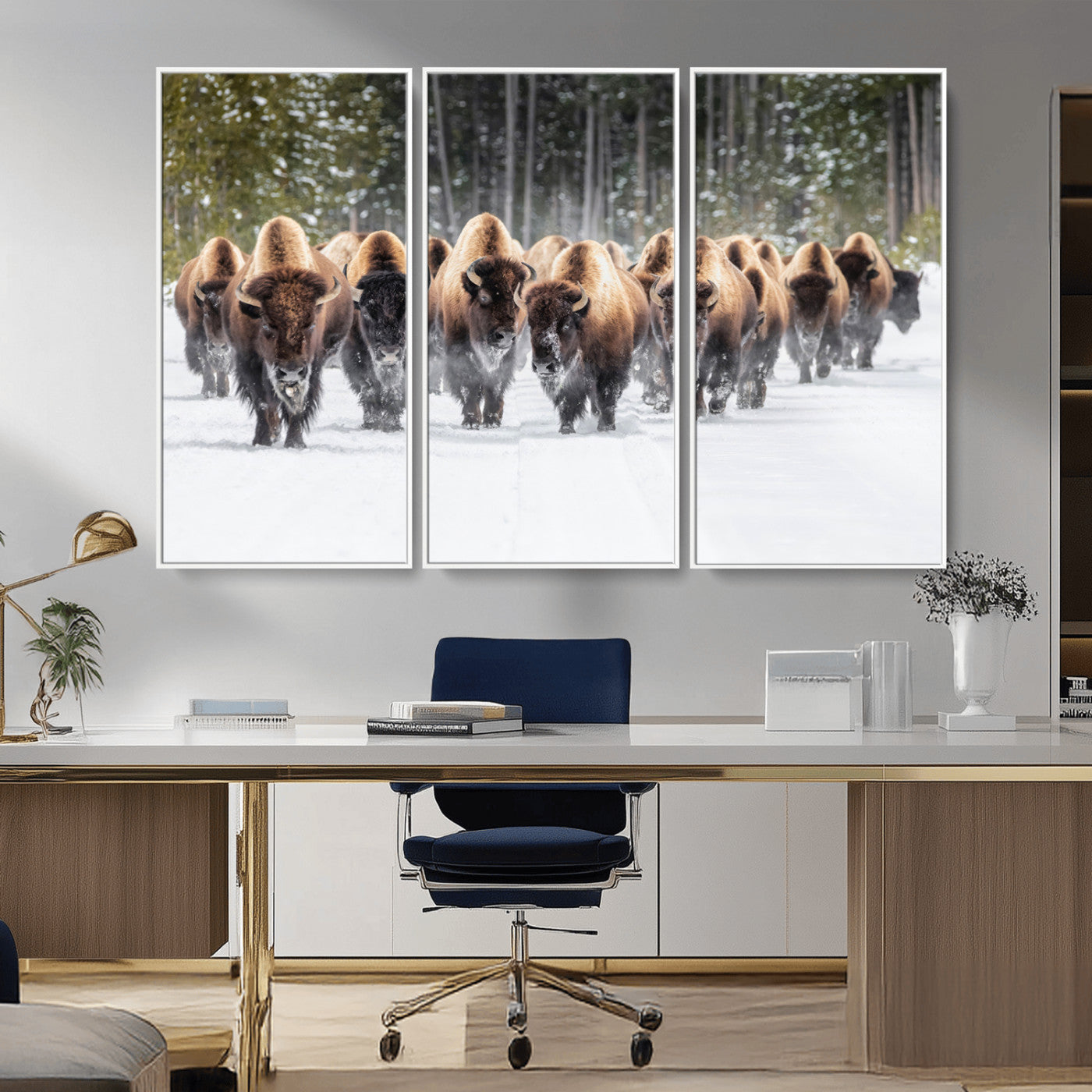 22695857-MGV-CV-36X24-Bison Herd Scene Wall Art Canvas Print, Framed Western Wildlife Art Picture Print, Rustic Animal Art Perfect Rustic Lodge Decor