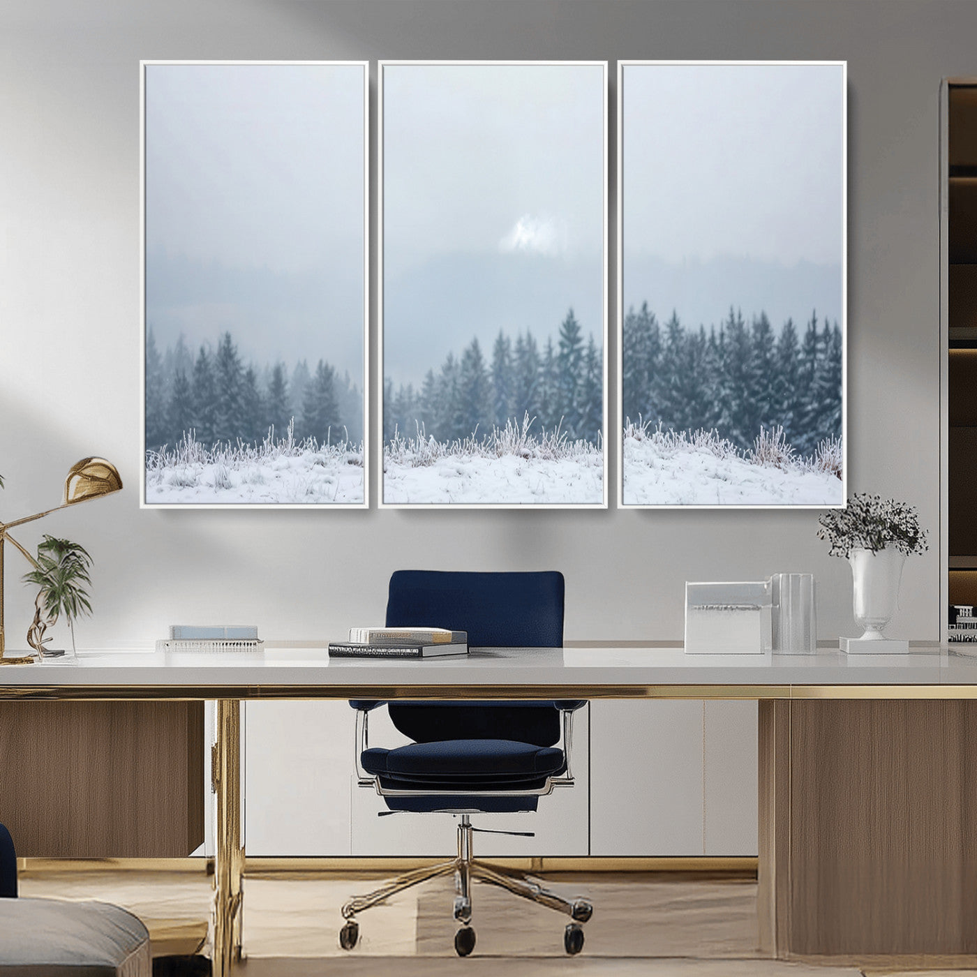 33033082-MGV-CV-36X24-Winter Forest Art Wall Art Canvas Print, Framed Snowy Landscape Art Picture Print, Misty Tree Scene Perfect Nordic Minimalist