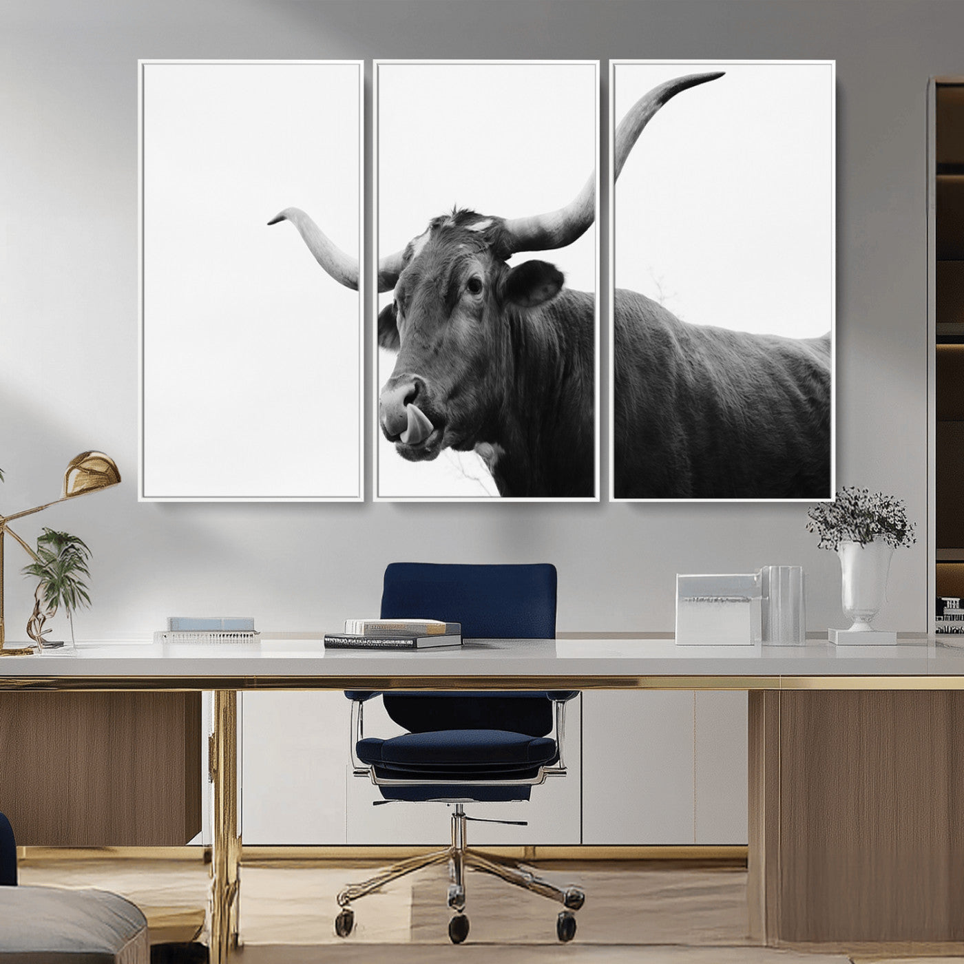 99244177-MGV-CV-36X24-Longhorn Photography Wall Art Canvas Print, Framed Western Cow Decor Art Picture Print, Black White Bull Perfect Modern Rustic