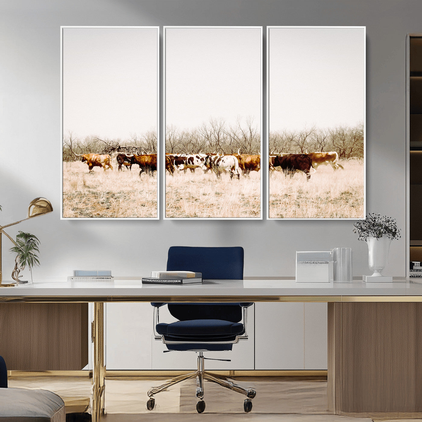 12454132-MGV-FC-48X32-3P_White-Cow Herd Photography Wall Art Canvas Print, Framed Rustic Farmhouse Decor Art Picture Print, Western Ranch Style Perfect Rustic