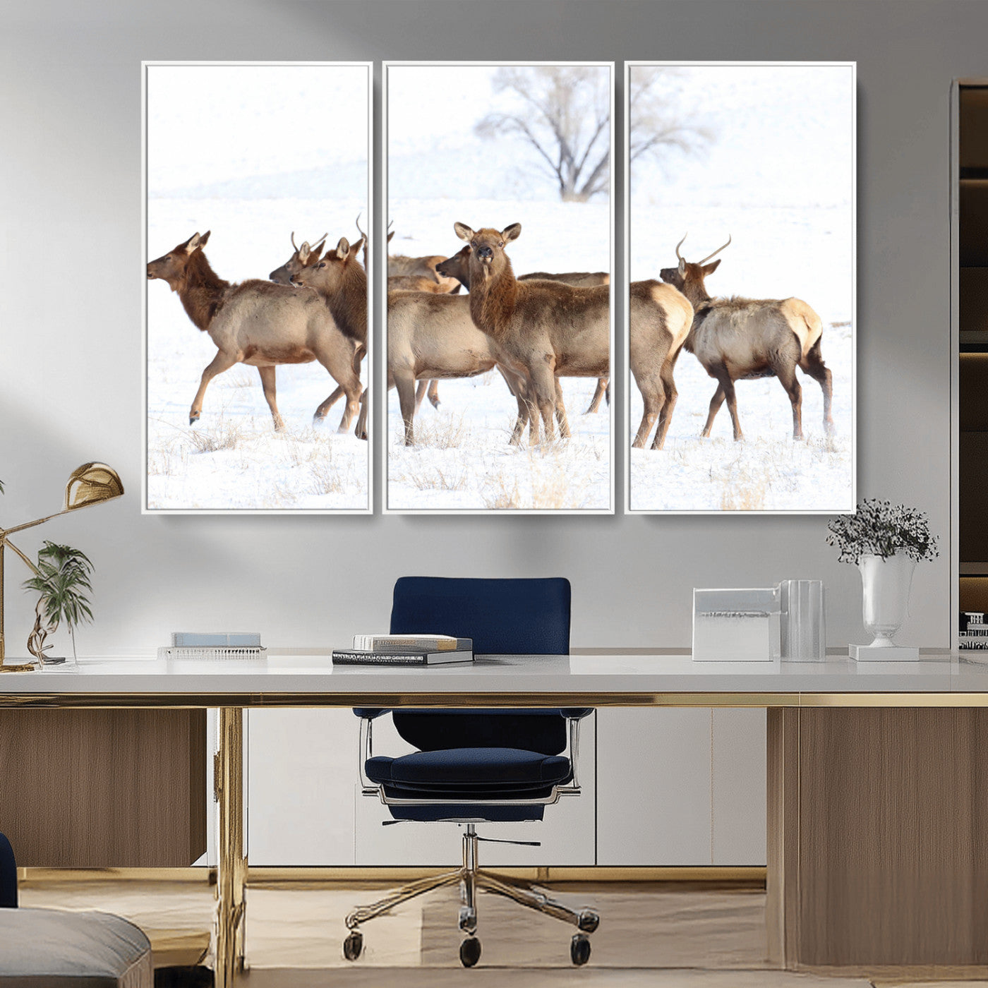 68738684-MGV-CV-36X24-Winter Elk Scene Wall Art Canvas Print, Framed Wildlife Photography Art Picture Print, Snowy Deer Decor Perfect Rustic Lodge Decor