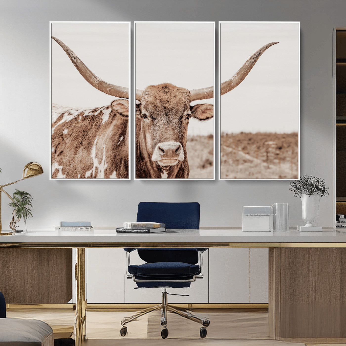 77810049-MGV-CV-36X24-Longhorn Bull Photo Wall Art Canvas Print, Framed Rustic Cow Decor Art Picture Print, Neutral Farmhouse Style Perfect Rustic