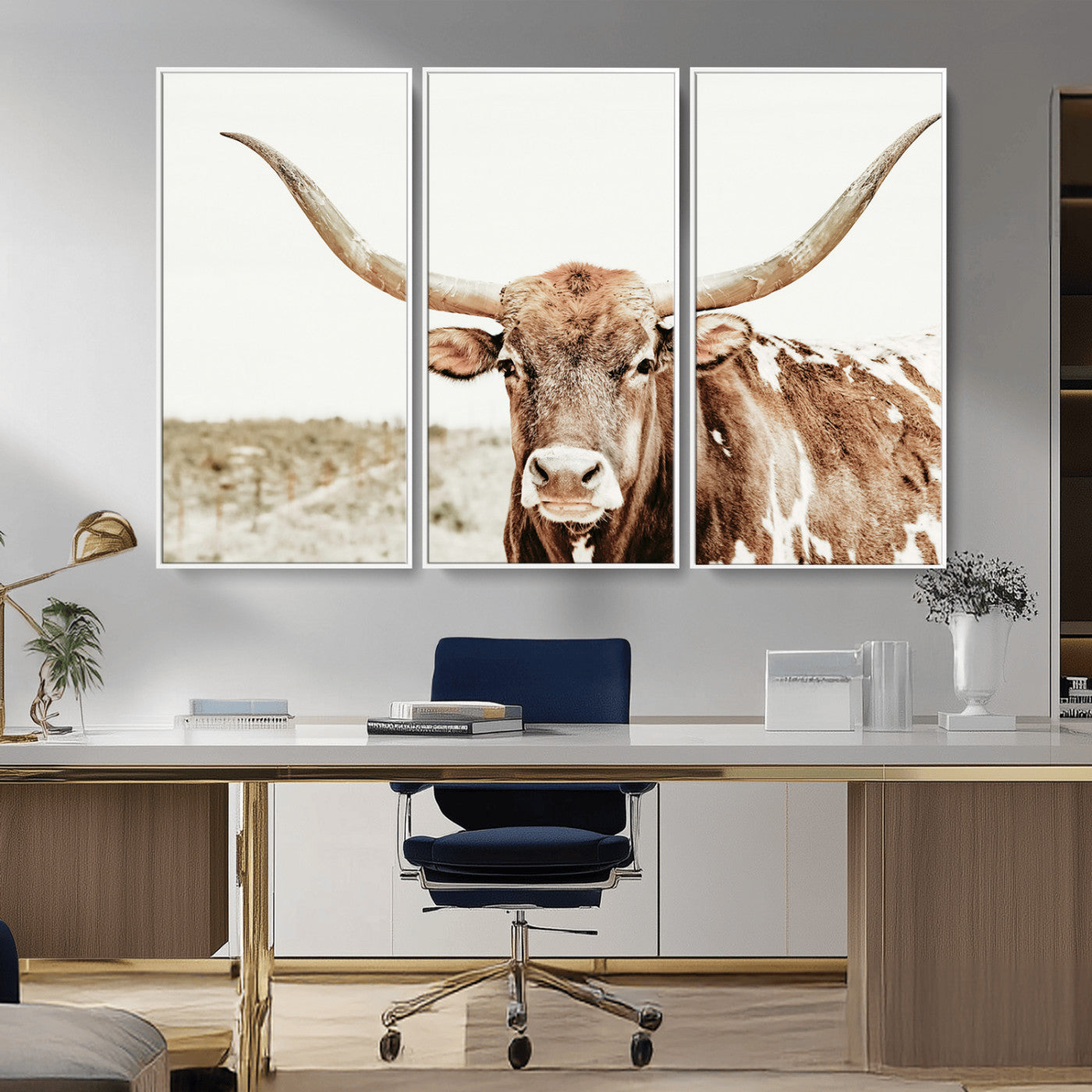 98924580-MGV-CV-36X24-Texas Longhorn Bull Wall Art Canvas Print, Framed Rustic Farmhouse Decor Art Picture Print, Western Animal Theme Perfect Rustic