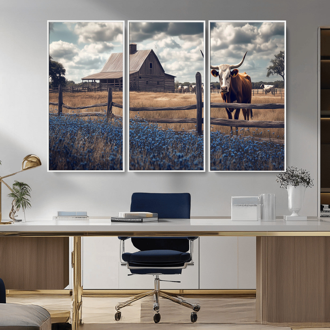 51092814-MGV-CV-36X24-Texas Longhorn Wall Art Wall Art Canvas Print, Framed Rustic Barn Canvas Art Picture Print, Farmhouse Cow Decor Perfect Rustic