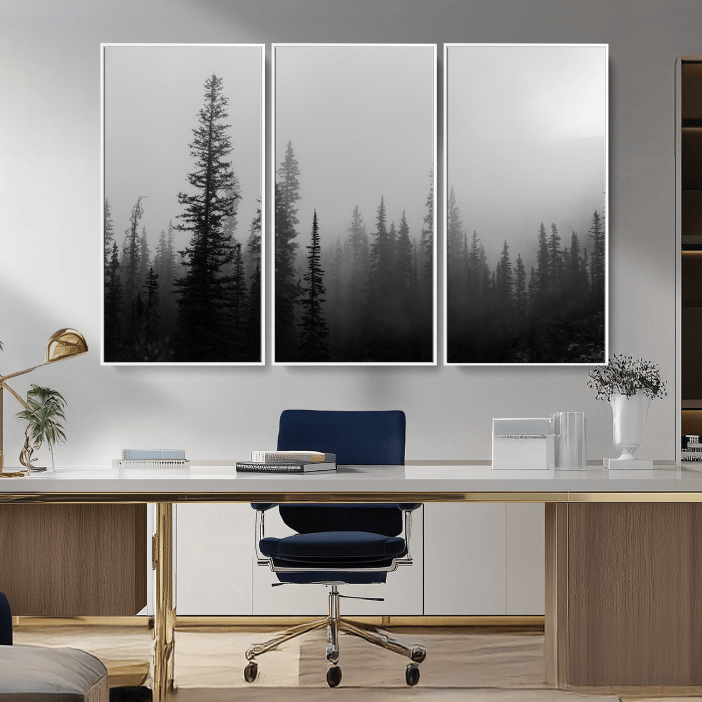 73138900-MGV-FC-48X32-3P_White-Misty Pines Wall Art Canvas Print, Framed Woodland Photography Art Picture Print, Minimalist Decor Perfect Modern Rustic Decor