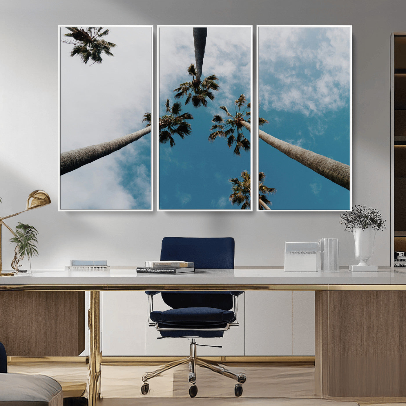 45236398-MGV-CV-36X24-Tropical Palm Trees Wall Art Canvas Print, Framed California Sky Art Picture Print, Minimalist Nature Perfect Coastal Minimalist