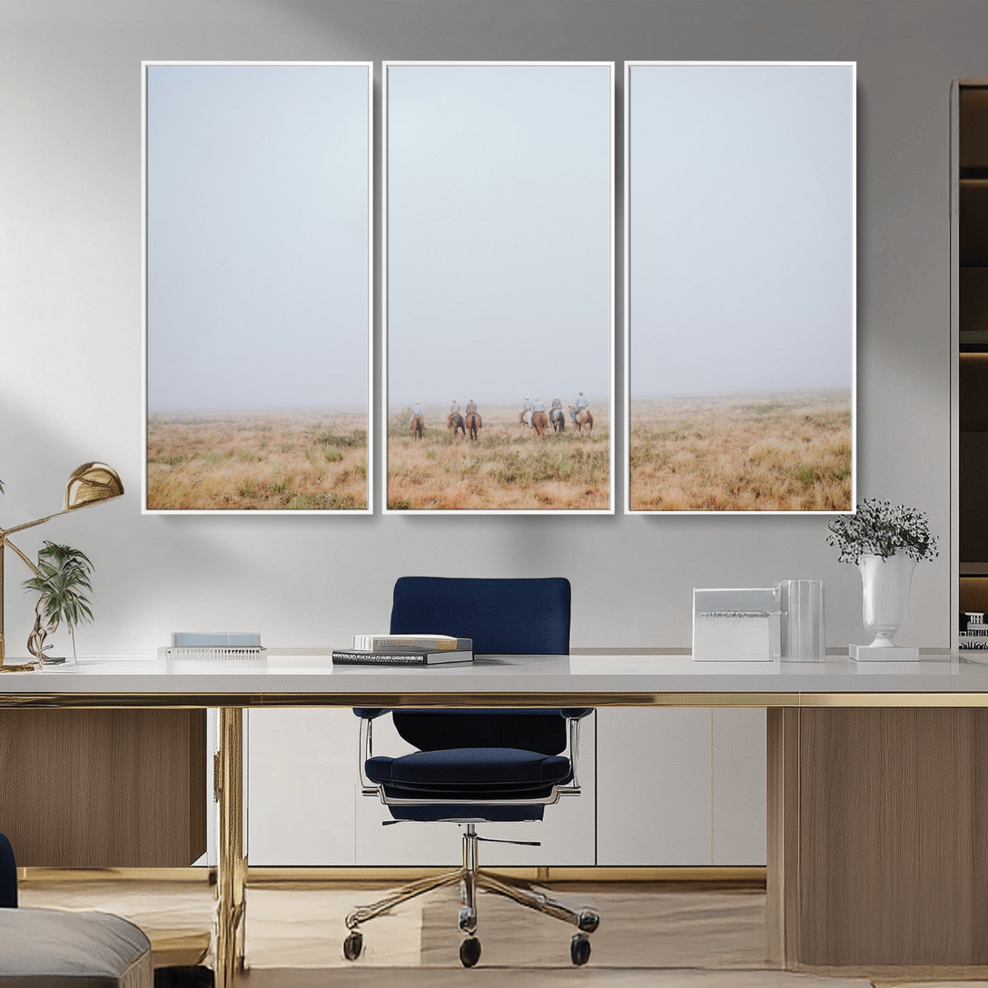 14761944-MGV-CV-36X24-Foggy Plains Wall Art Canvas Print, Framed Horseback Riders Art Picture Print, Rustic Western Perfect Rustic Western Decor Artwork