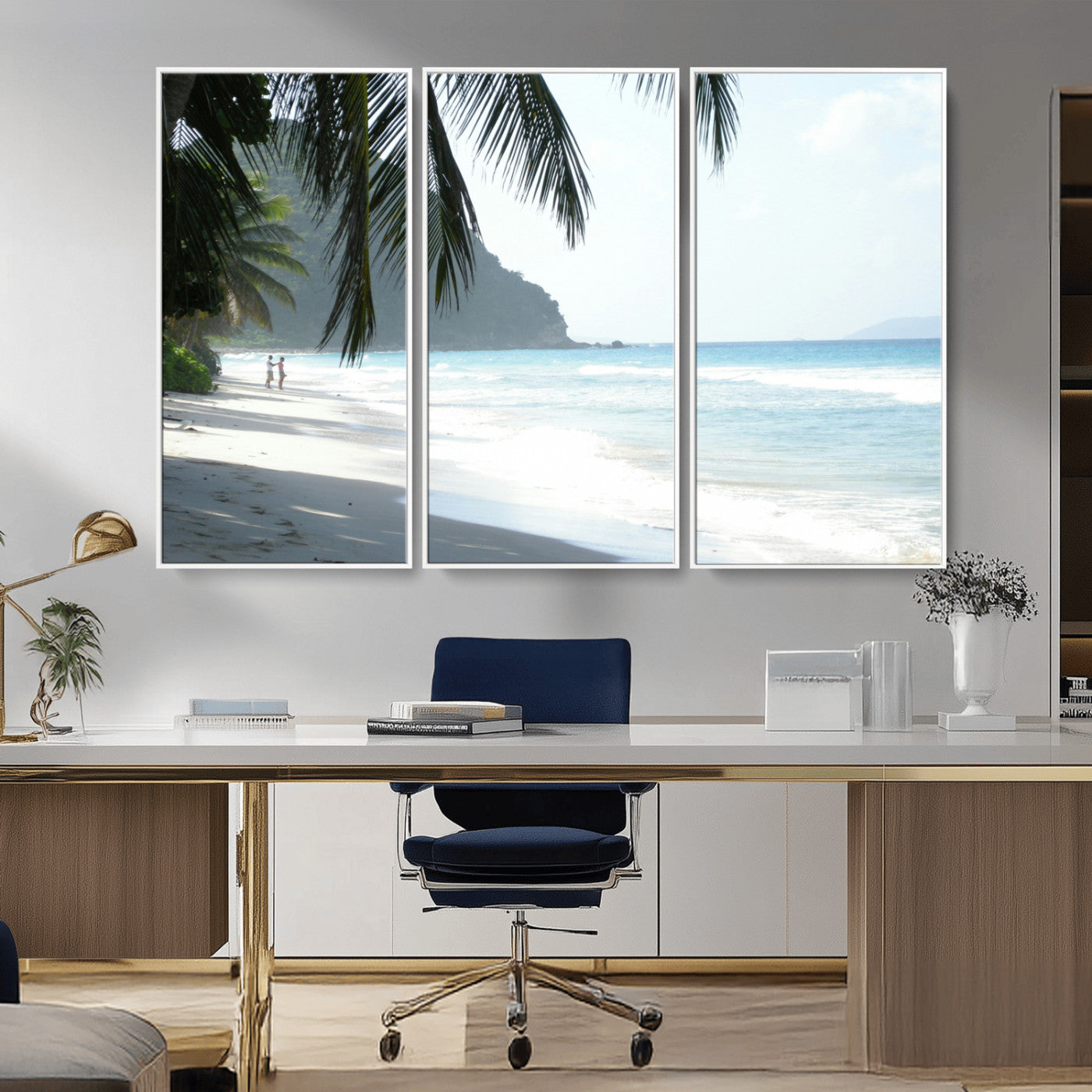 18311030-MGV-FC-48X32-3P_White-Tropical Beach Wall Art Canvas Print, Framed Serene Ocean Art Picture Print, Palm Tree Shadows Perfect Tropical Coastal Decor