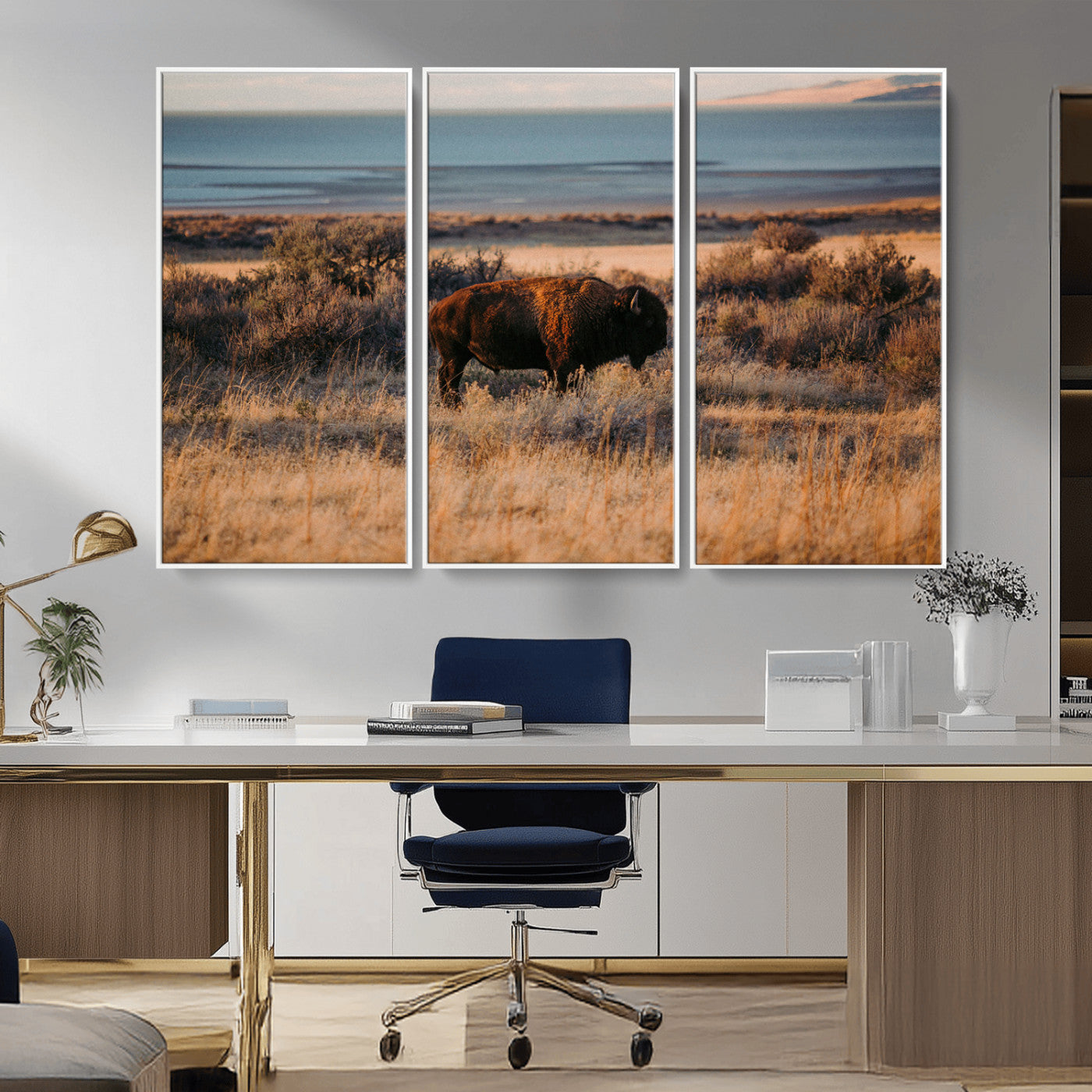 39509187-MGV-CV-36X24-Western Wildlife Wall Art Canvas Print, Framed Bison Art Picture Print, Golden Hour Perfect Western Rustic Decor Artwork