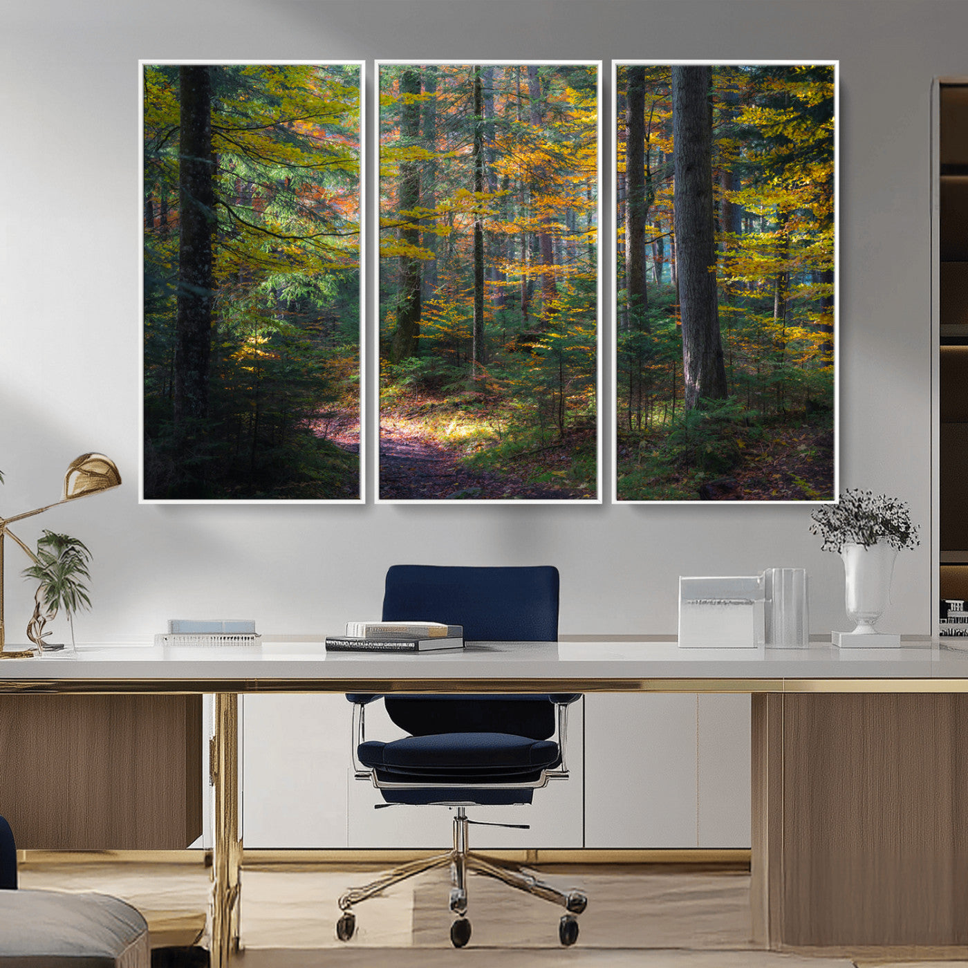 65810864-MGV-FC-48X32-3P_White-Autumn Forest Wall Art Canvas Print, Framed Fall Woodland Art Picture Print, Golden Leaves Perfect Rustic Farmhouse Decor Artwork