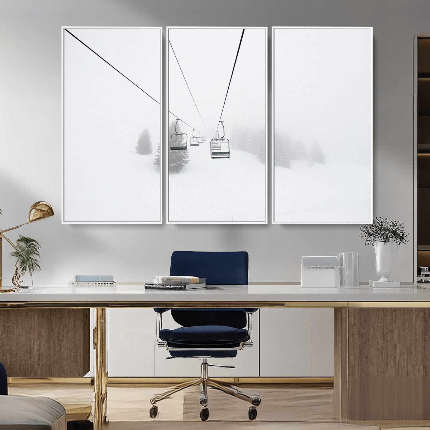 20216390-MGV-FC-48X32-3P_White-Ski Lift Wall Art Canvas Print, Framed Snowy Landscape Art Picture Print, Alpine Adventure Perfect Nordic Minimalist Decor Artwork