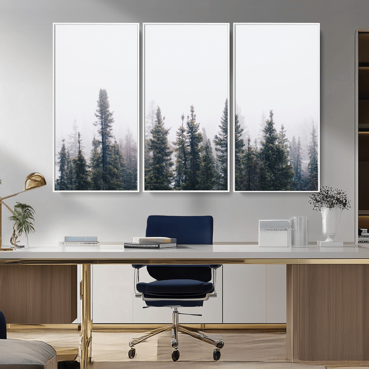 42364796-MGV-FC-48X32-3P_White-Foggy Forest Wall Art Canvas Print, Framed Misty Pines Art Picture Print, Moody Woodland Perfect Scandinavian Minimalist Decor